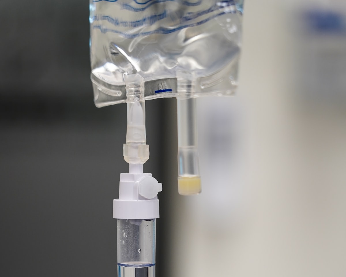 IV nutrient infusion line in a clinical suite